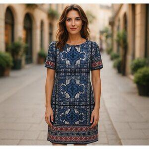 Westport 1962 Classy Blue Print Shift Dress Size 16W‎ 1X Spring Summer Plus Size